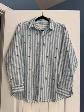 Sezane, Maxy Shirt, Flowers on Blue Stripes, Size 6 (38)